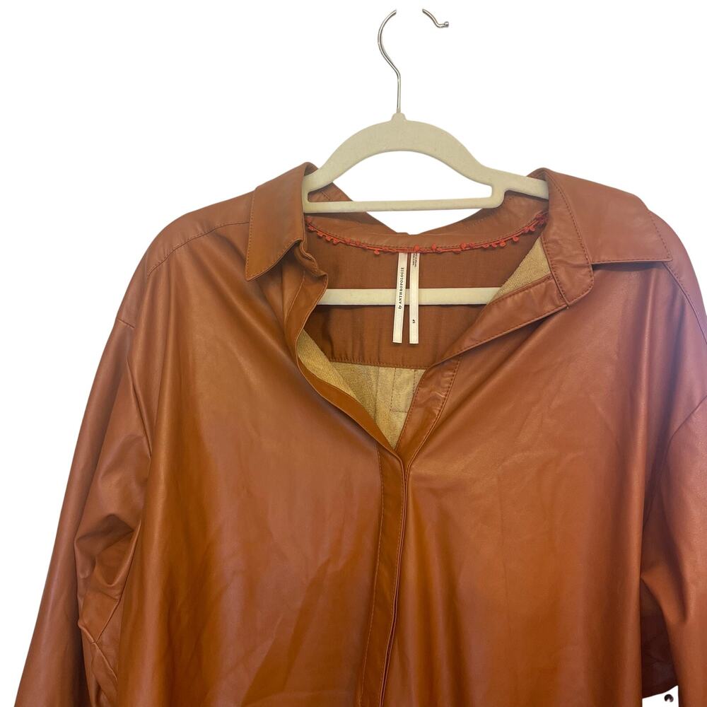 Anthropologie Faux Leather Long Sleeve Collared Shirt in Cedar Brown Small - Picture 3 of 7
